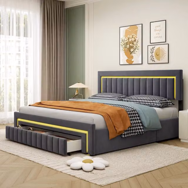 Letto matrimoniale 160x200 cm con LED; cassetto a rotelle e vano portaoggetti; in velluto grigio scuro; senza materasso