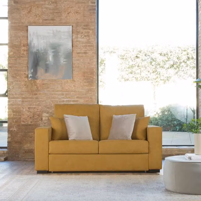 Divano letto Dastyn Banak a 2 posti personalizzabile in tessuto giallo con struttura in legno