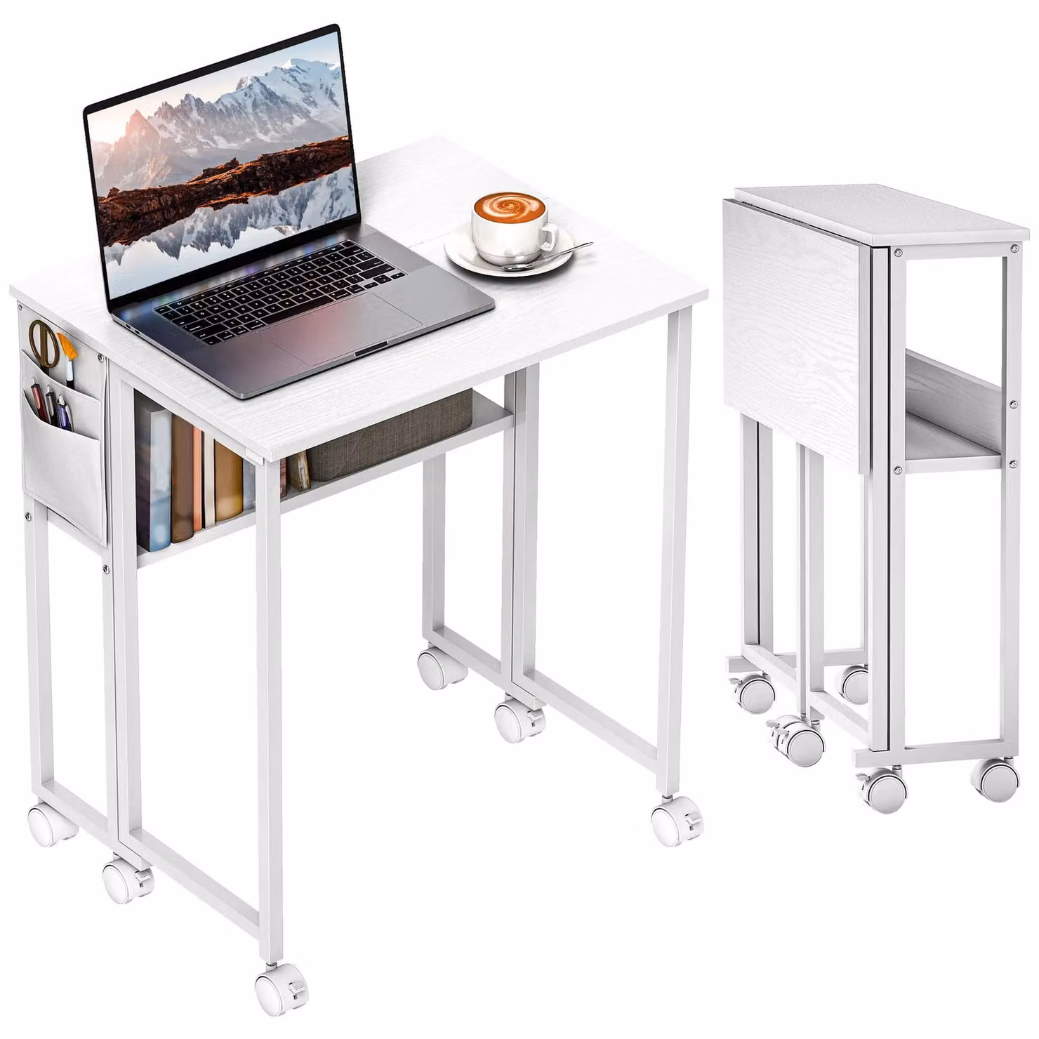 Tavolo pieghevole – Scrivania pieghevole con ruote – Larghezza 63 cm – Struttura in metallo – Piano d'appoggio – Borsa portaoggetti – Bianco