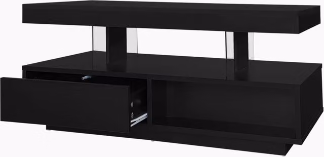 Tavolino da caffè nero lucido 95x50x42,5 cm con 4 inserti in vetro, 2 cassetti e 2 ripiani aperti per soggiorno