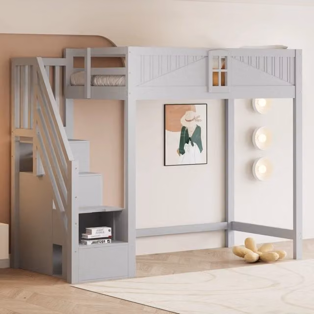 Letto a soppalco singolo MIVRAY in legno grigio con scala a gradini e ripiani laterali, L/P/H: 90 x 200 x 170 cm – 1