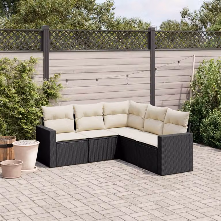 vidaXL Set Divani da Giardino a L 5 pz in Polyrattan Nero con Cuscini e Coperture Rimovibili