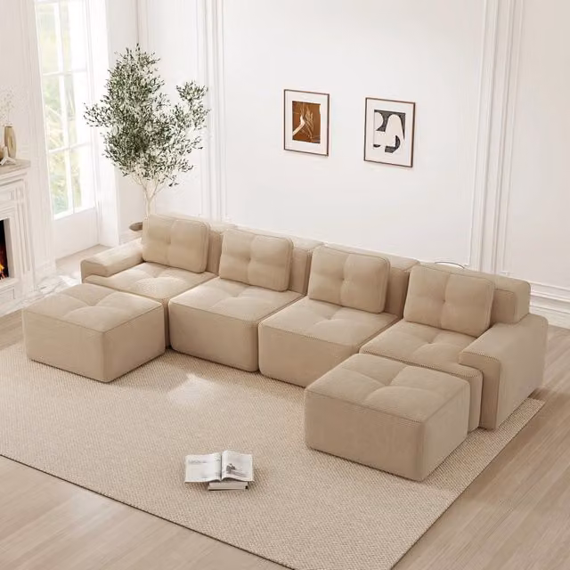 Divano modulare Boneless OKWISH in velluto a coste beige con seduta profonda e schienale curvo per il tuo soggiorno