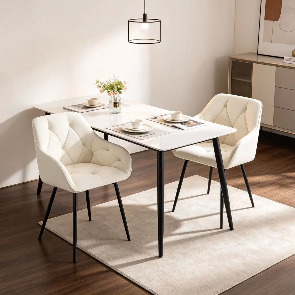Set di 2 sedie da pranzo WISHDOR in velluto beige e bianco con gambe in metallo e legno, design moderno per soggiorno o ufficio – 2