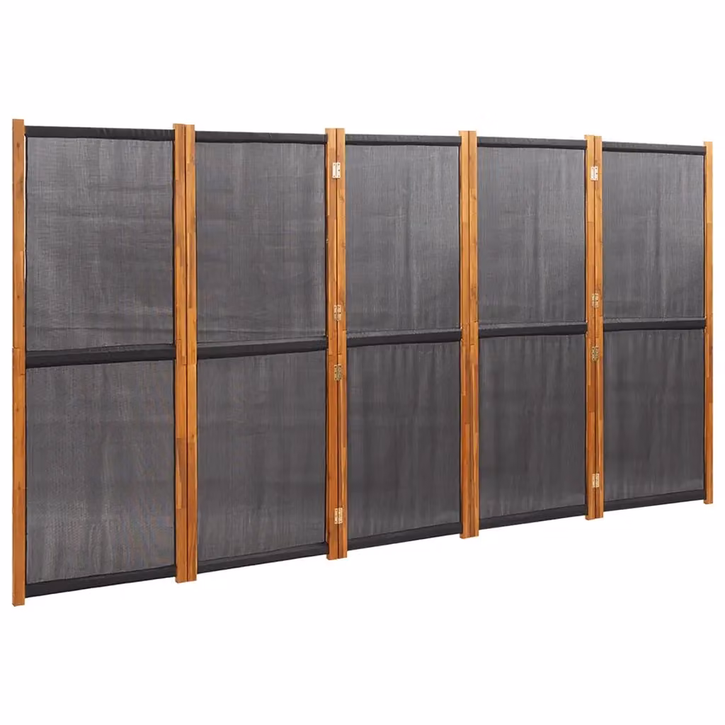 Paravento a 5 Pannelli vidaXL in Legno di Acacia Oliato e Textilene Nero L: 350 cm, H: 180 cm – 2