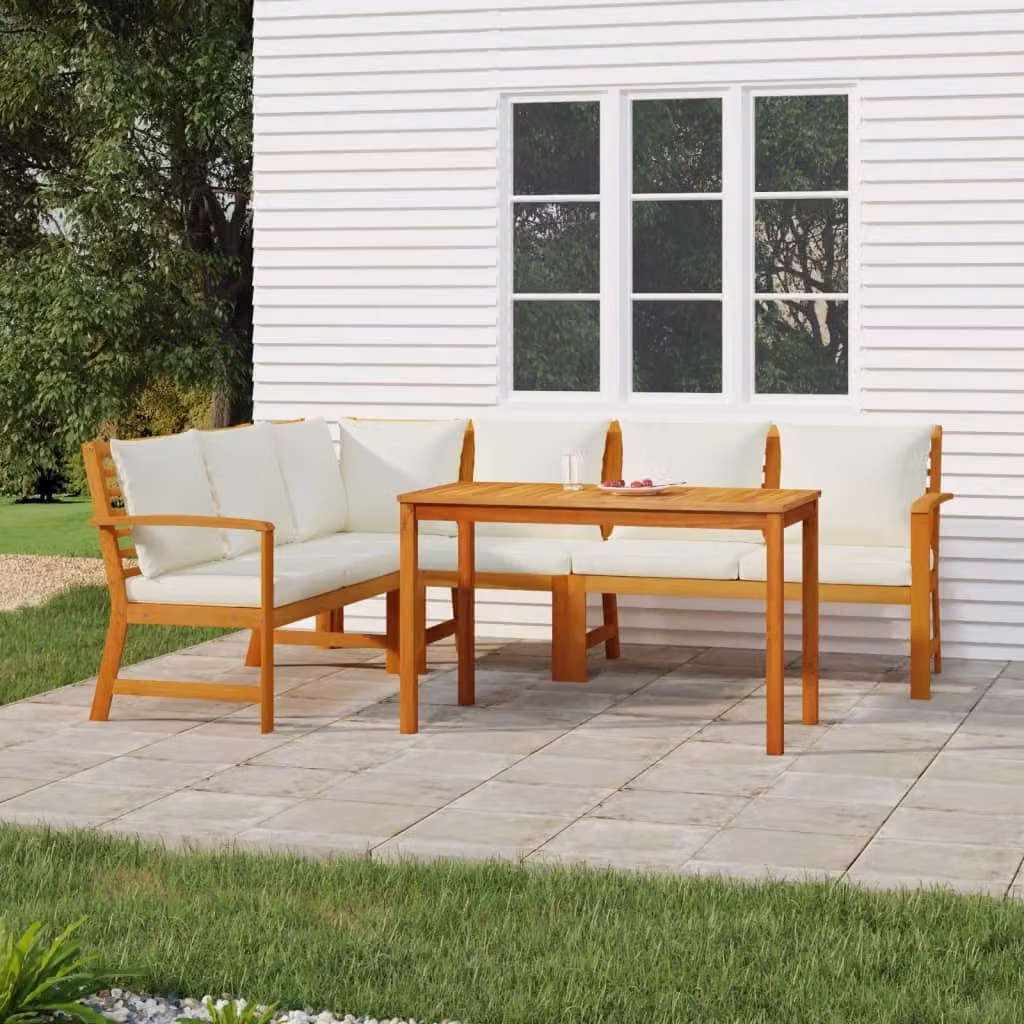 Set da pranzo da giardino vidaXL in legno di acacia con 5 pezzi e cuscini, colore marrone e bianco, L: 110 cm, P: 60,5 cm, H: 81 cm