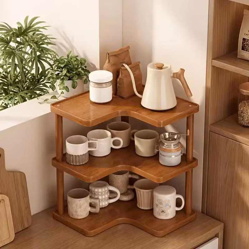 Portaspezie in bambù a 3 livelli - Organizzatore per la cucina - Contenitore angolare - Ideale per tazze e spezie - Da utilizzare sul piano di lavoro della cucina