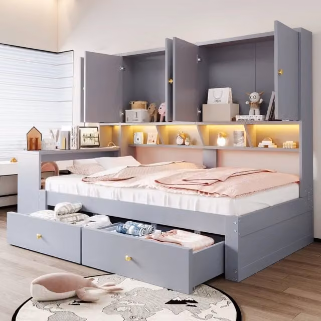 Letto a piattaforma 90 × 200 cm con scrivania armadi cassetti LED prese rete a doghe in MDF grigio