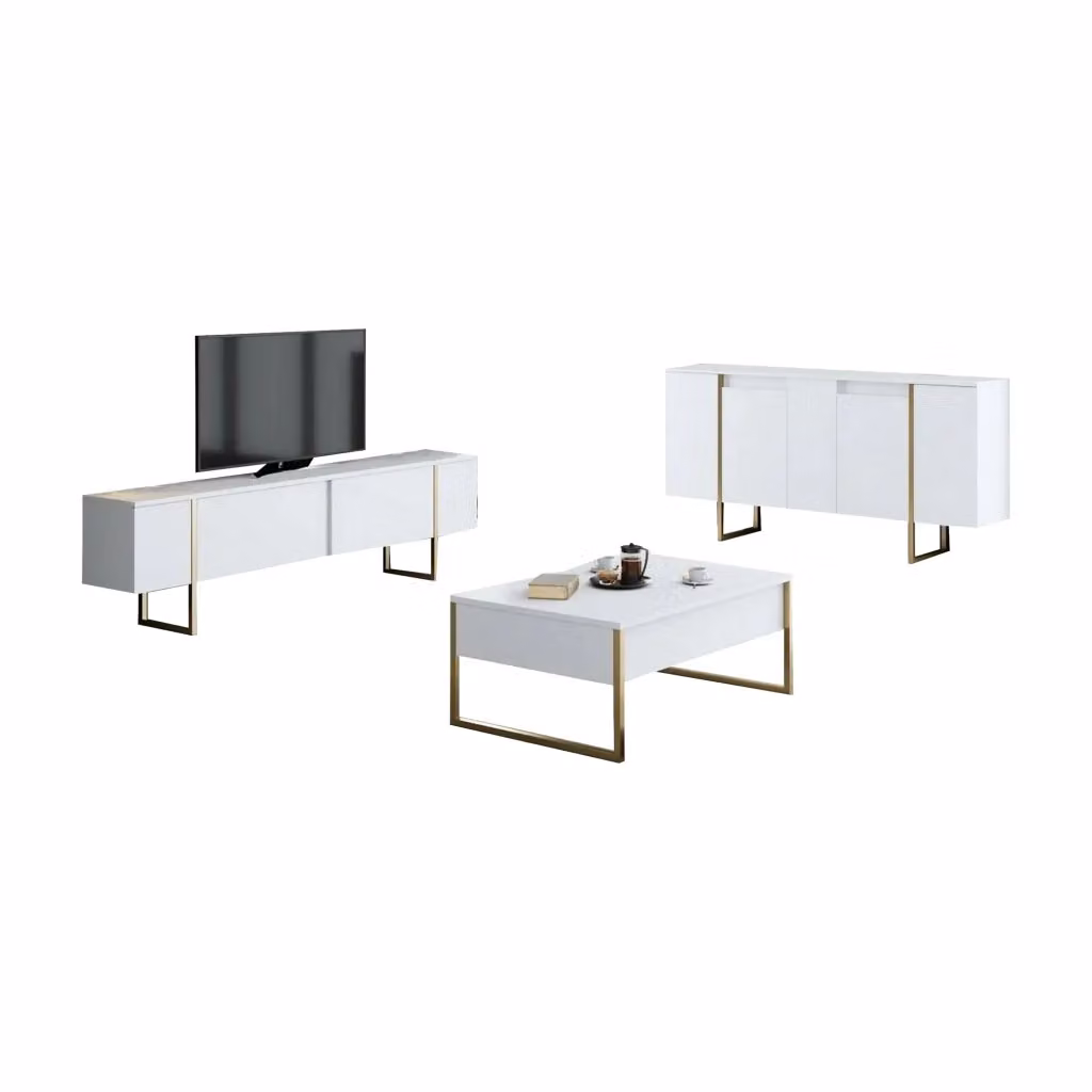 Set di mobili da soggiorno modulabile DMORA Pignano in legno bianco e oro con finitura lucida e design moderno – 2