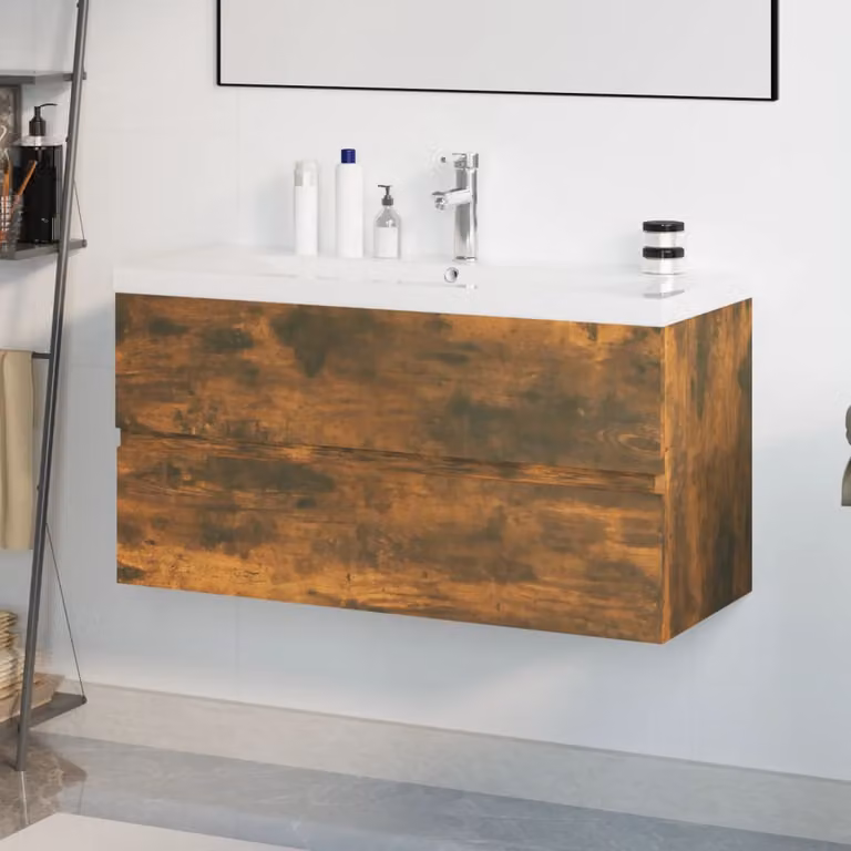 Mobile bagno sospeso con lavabo integrato vidaXL in legno Rovere Fumo, L: 90 cm, P: 45 cm, H: 38,5 cm