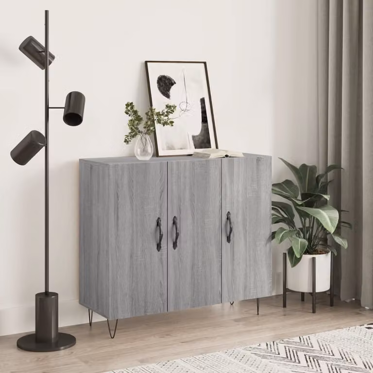 Credenza moderna vidaXL in legno multistrato e metallo, Grigio, L 90 x P 34 x H 80 cm