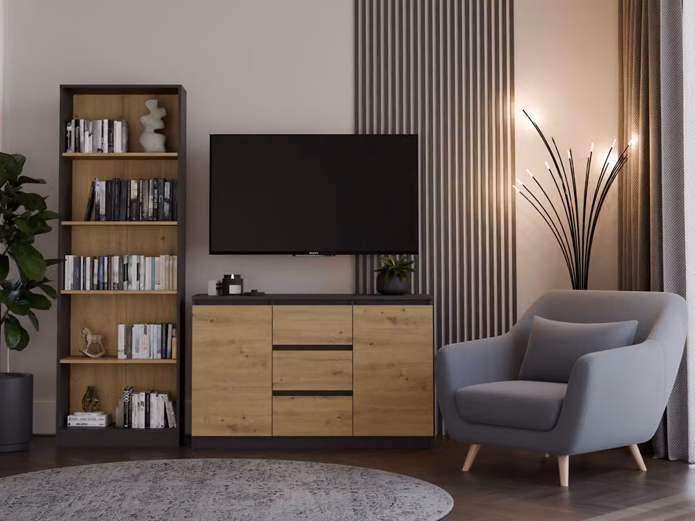 Comodà moderna a 2 ante e 3 cassetti dal design funzionale