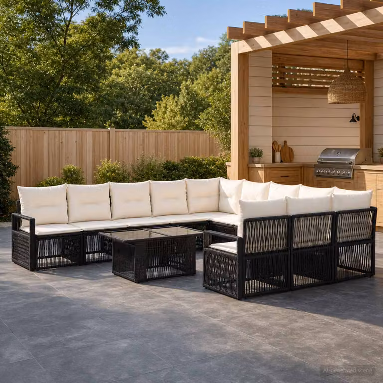 Set Divano da Giardino vidaXL a forma a U in Polyrattan con Cuscini e Tavolino, Nero e Bianco