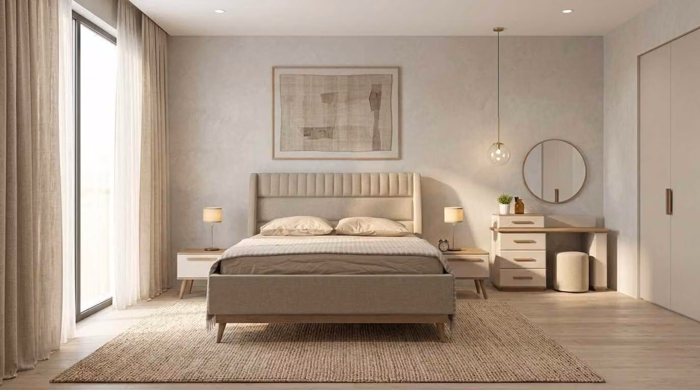 Set per camera da letto beige, moderno e composto da letto, comodino e tavolo da trucco
