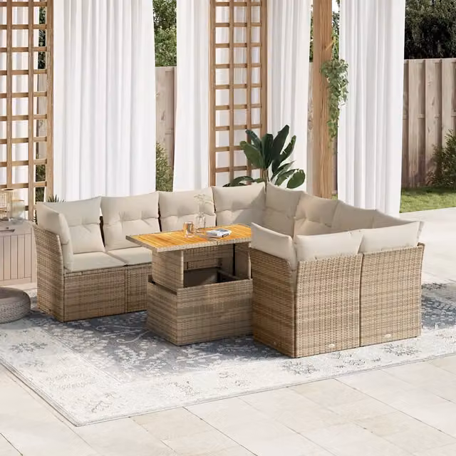 Set Divano da Giardino vidaXL in Polyrattan con Cuscini Beige e Tavolino da Esterno 9 Pezzi