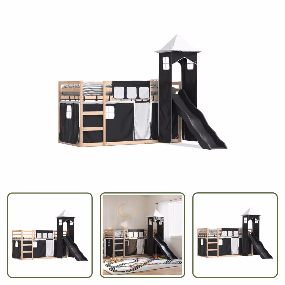 The Living Store Letto a castello con scivolo e tende bianco e nero 80x200 cm