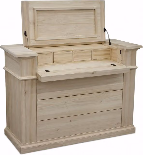 Cassettiera classica con 7 cassetti e ribalta in legno di pino massello grezzo Mobili 2G L/P/H: 126 x 53 x 98 cm – 1