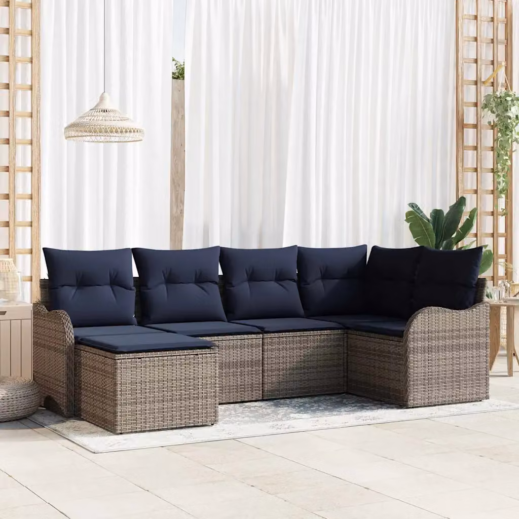 Set Divano da Giardino Moderno vidaXL in Polyrattan Grigio e Blu con Elemento Angolare, Ottoman e Cuscini Inclusi