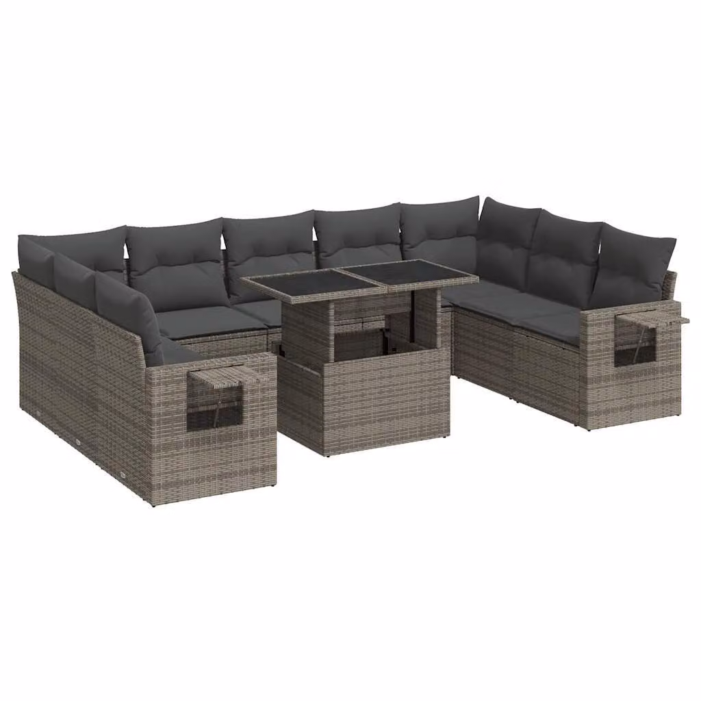 Set Divano da Giardino 10 pz con Cuscini Grigio in Polyrattan