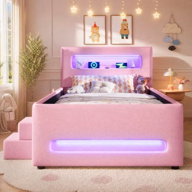 Letto a piattaforma imbottito 90x200 cm con scala; cassetto contenitore e LED; PU rosa