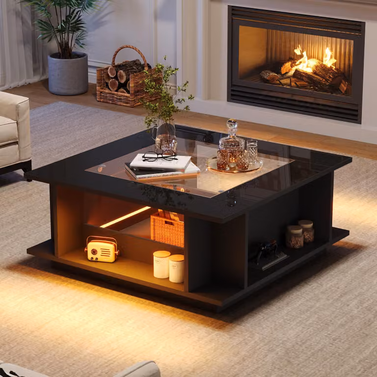Tavolino Merax lucido con piano in vetro e illuminazione a LED, tavolino quadrato con ripiani aperti, tavolino con vano portaoggetti laterale, nero