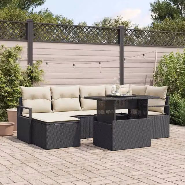 Set Divano da Giardino 7 pz Nero e Crema polyrattan 3348853