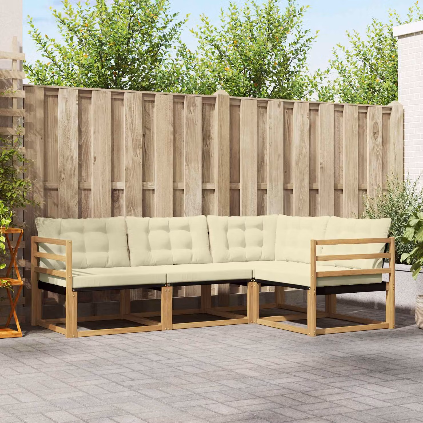 Set di divani da esterno vidaXL a forma di L composto da 4 pezzi in legno di acacia e textilene, colore bianco, beige e marrone, con cuscini inclusi