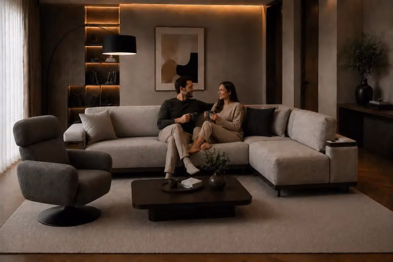 Set per soggiorno dal design intramontabile, composto da un divano angolare e una poltrona, color beige