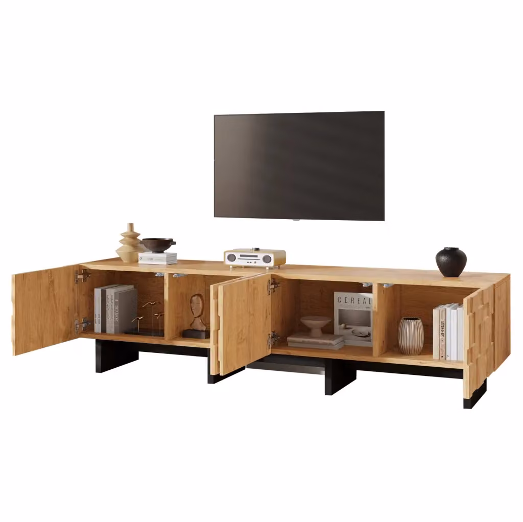 Mobile TV moderno con 4 ante in effetto legno naturale marrone, adatto per TV fino a 75 pollici, L: 180 cm, P: 38,5 cm, H: 45 cm – 2