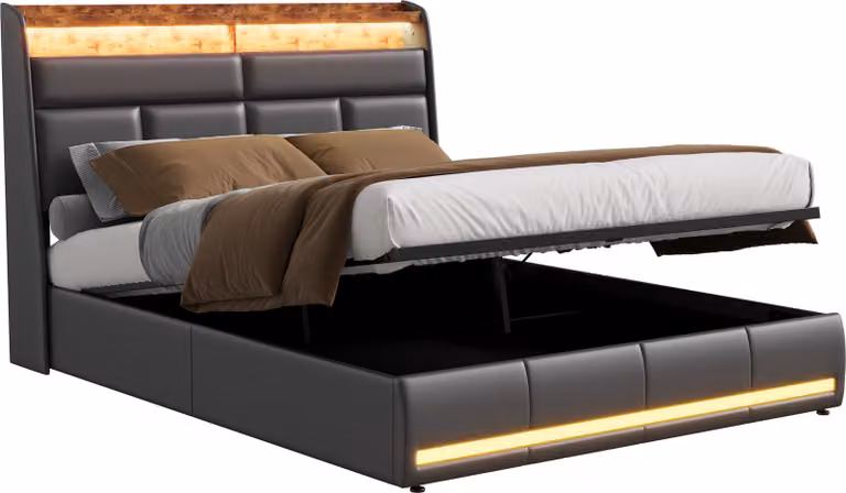 Letto a scomparsa Moonbite, dimensioni 160x200 cm, rivestito inPoliuretanonero, con illuminazione LED e telecomando, rete a molle con sistema a gas, vano contenitore e fondo antipolvere