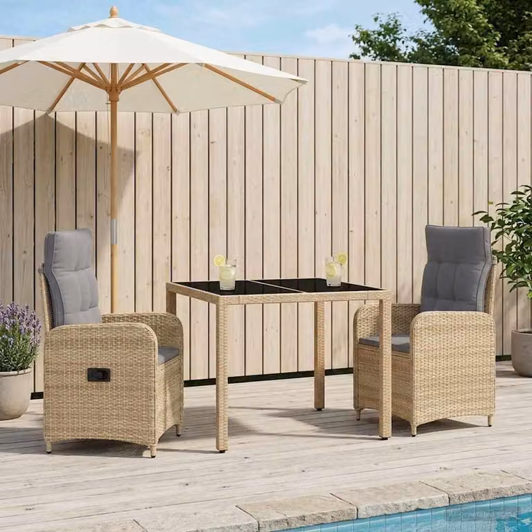 Set da pranzo per esterni vidaXL in polyrattan da 3 pezzi, beige e grigio chiaro con tavolo in vetro