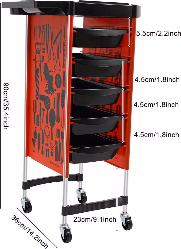Carrello per parrucchiere, modello "Salonwagen" - Carrello su ruote con 5 cassetti, 6 ripiani, 4 ruote, realizzato in PP e acciaio inossidabile, con una capacità di carico di 80 kg e dimensioni di 36x90 cm. Colore: rosso
