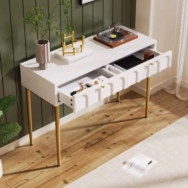 Toeletta MODFU con 2 cassetti in truciolare e metallo, colore beige e bianco, L/P/H: 100 x 45 x 76,5 cm