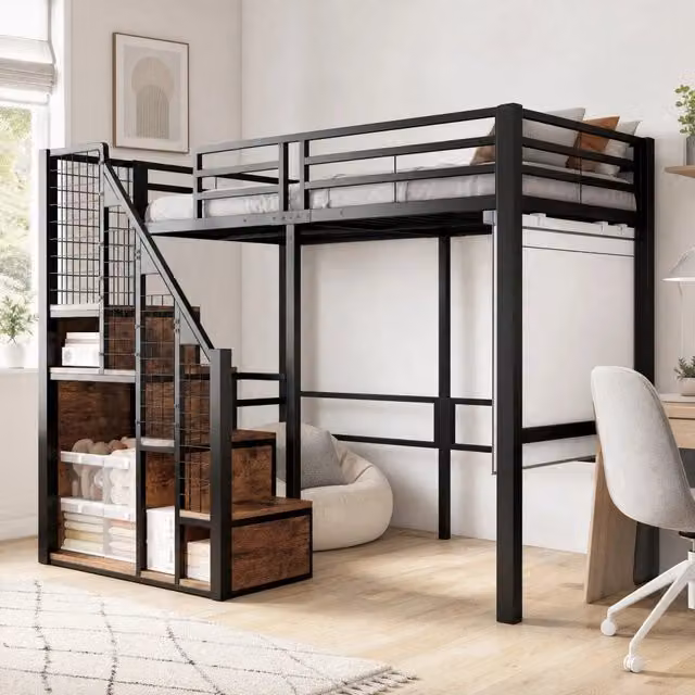 Letto a soppalco ULEVR 90x200 cm in MDF e metallo con armadio, barra appendiabiti e rete, nero