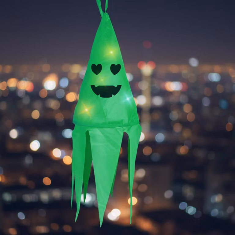 Decorazione luminosa per Halloween - fantasma - verde - 10 LED colorati - da appendere - alimentazione: 2 batterie tipo 2032 - dimensioni: 75x20 cm