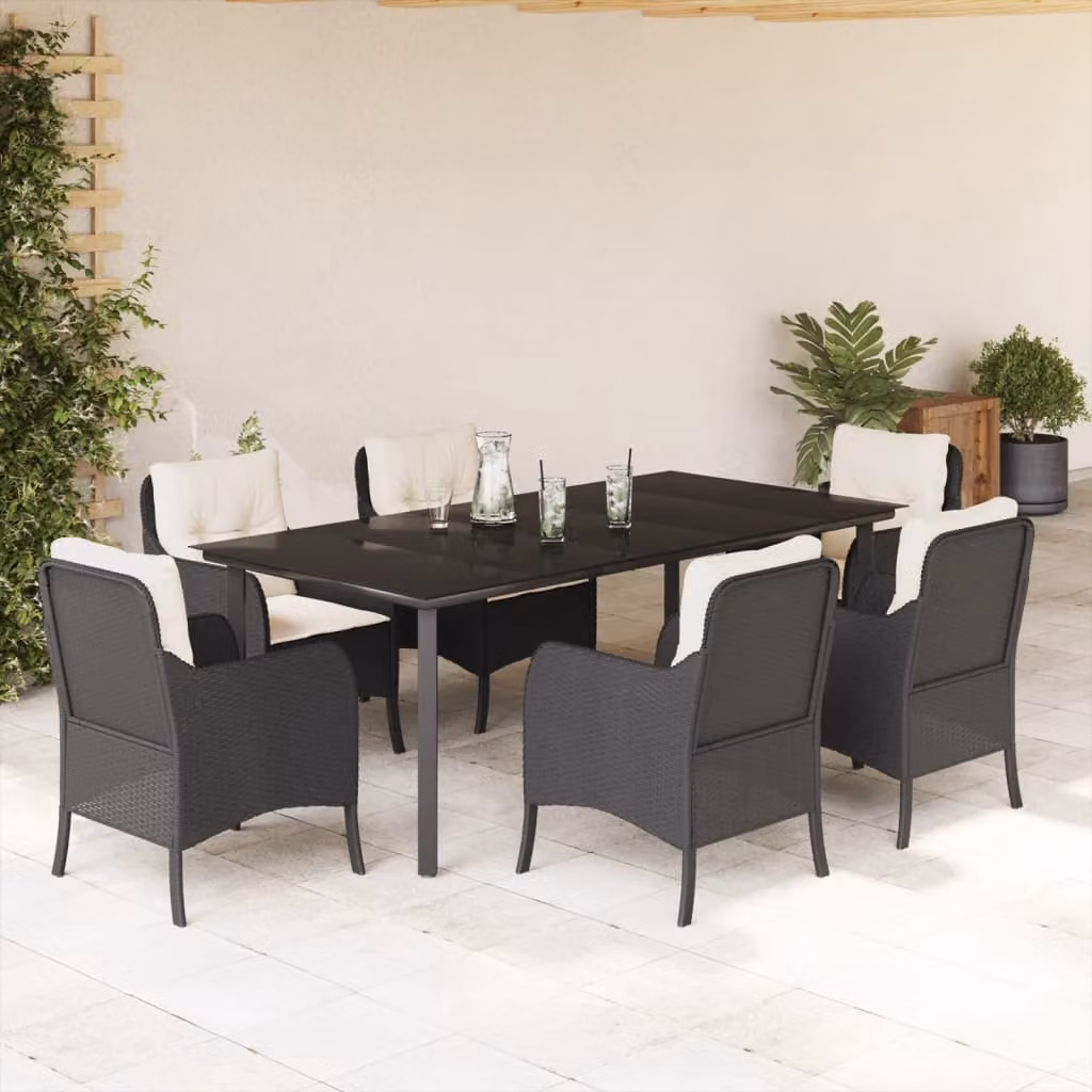 Set da Pranzo da Giardino vidaXL in Polyrattan Nero con Cuscini e Tavolo in Vetro 7 pz – 1
