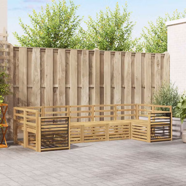 Set di divani da esterno vidaXL a forma di L composto da 7 pezzi in legno di acacia massello con cuscini bianchi e marroni per giardino e terrazza