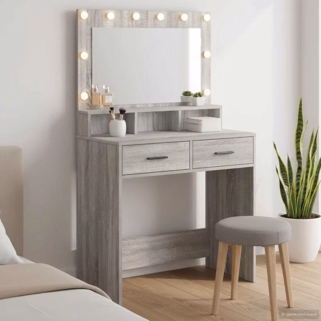 Toeletta moderna con cassetto e specchio LED Grigio, L: 79 cm, P: 41 cm, H: 135 cm – 2