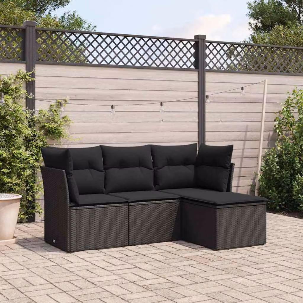 Set di divani da giardino vidaXL 4 pz in polyrattan nero con cuscini e pouf a forma di L – 1