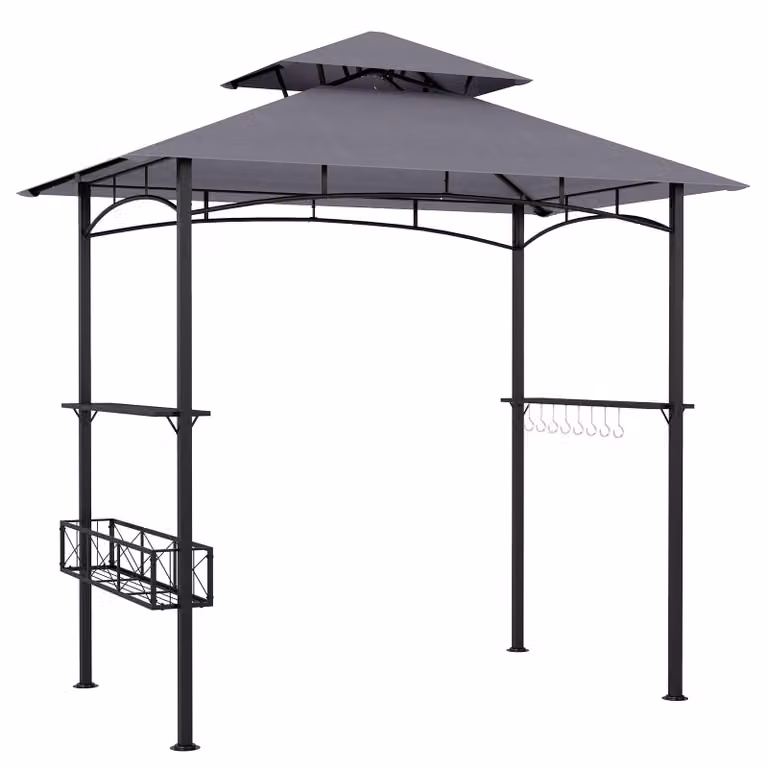 COSTWAY, Gazebo per barbecue, struttura di supporto per barbecue con tetto a doppia falda, cesto portaoggetti, 2 ripiani laterali e 8 ganci. Gazebo resistente alle intemperie, copertura per barbecue 245x149x248 cm, colore grigio