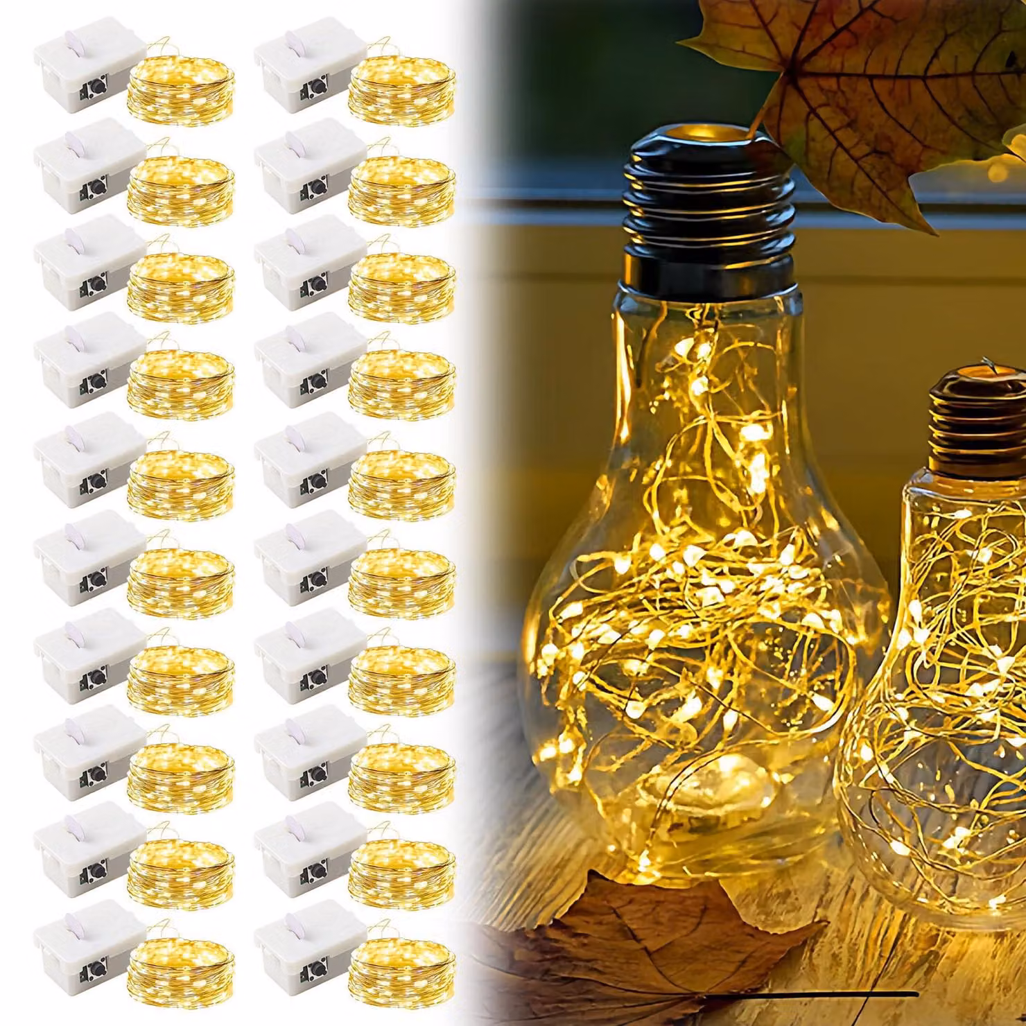 Catena luminosa a LED, 20 luci, 2 metri, alimentazione a batteria, luce bianco caldo, grado di protezione IP65