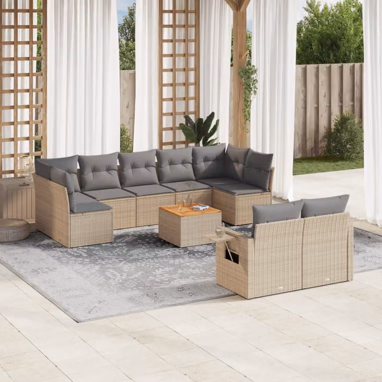 vidaXL Set Divano da Giardino 10 pz a forma di U in Polyrattan con Cuscini Beige e Grigio