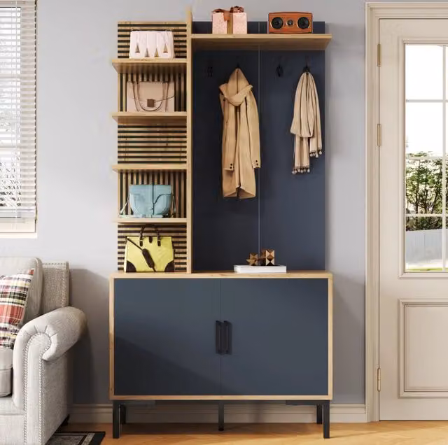 Set ingresso MODFU con appendiabiti, ripiani laterali e ganci, stile industrial, colore naturale e nero, L 100 cm x P 40 cm x H 190,5 cm