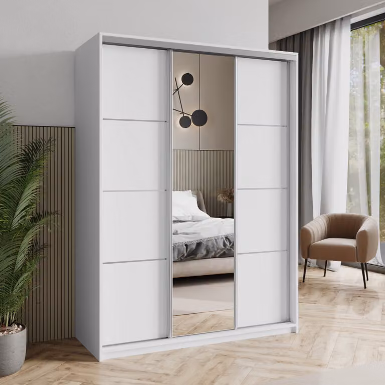 Armadio scorrevole Masseno VARO 150/205/60 cm Armadio con cassetti Armadio per camera da letto a 3 ante con specchio Bianco + satinato