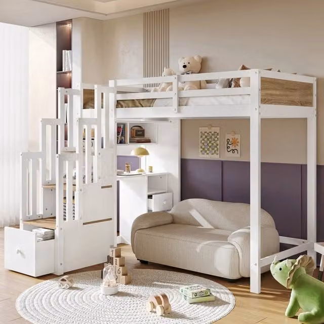 Letto a soppalco 90x200 cm con scrivania e scala contenitore in legno bianco e colore naturale