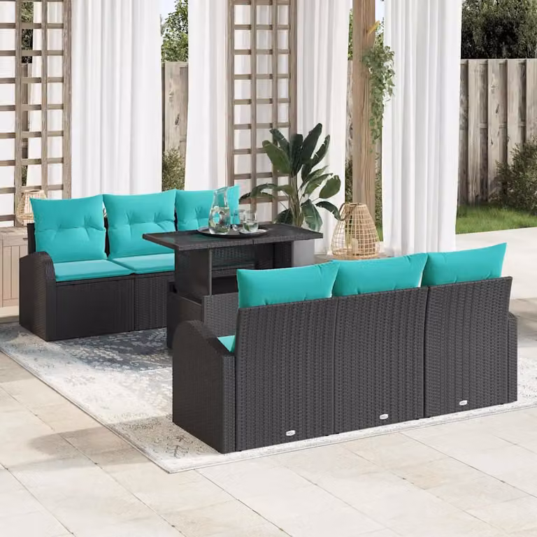Set Divano da Giardino vidaXL 7 pz a Forma a U in Rattan con Cuscini Turchesi e Nero