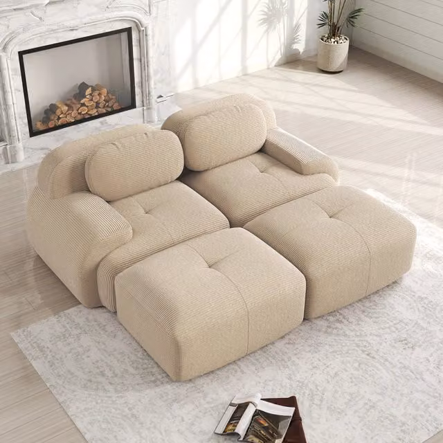 Divano angolare modulare senza struttura in velluto a coste con schiuma ad alta densità e braccioli ergonomici beige
