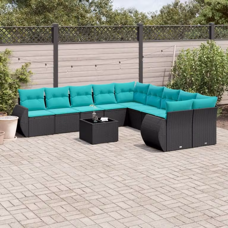 Set Divani da Giardino vidaXL 11 pz a Forma a L con Cuscini e Tavolino in Polyrattan Nero e Blu Turchese