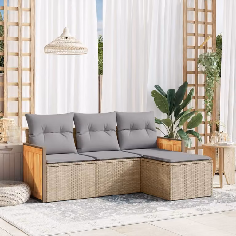 vidaXL Set Divano da Giardino 4 pz a L in Polyrattan con Cuscini Beige e Grigio
