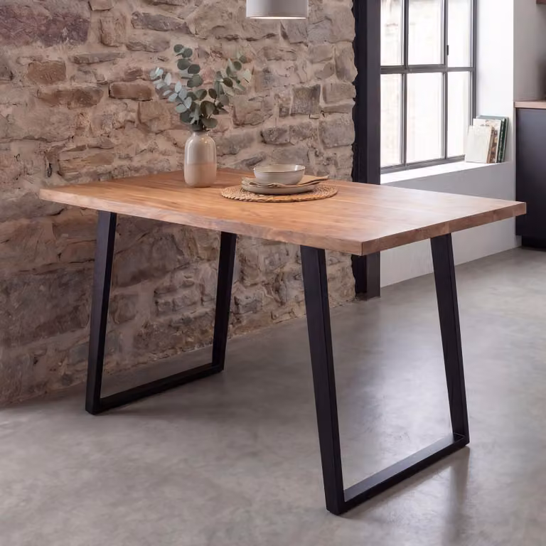 FineBuy Tavolo da pranzo 120 cm rettangolare in legno massello di acacia con bordo naturale Tavolo da pranzo industriale Tavolo da cucina massiccio con bordo naturale Tavolo con base a U nero